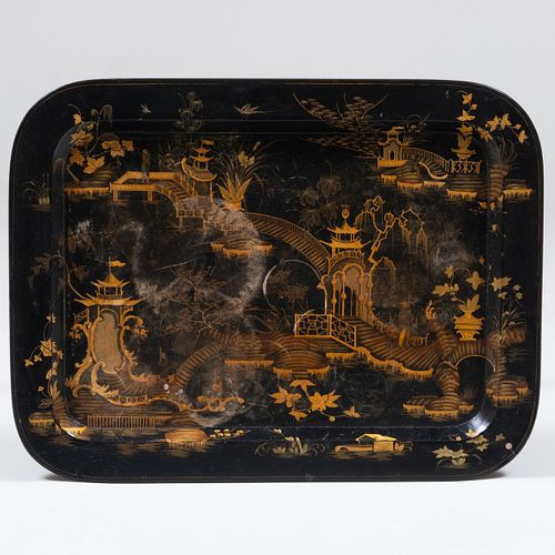 Regency Style Black Lacquer and Parcel-Gilt Chinoiserie Decorated Tray on Later Stand