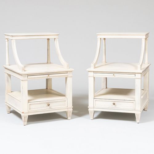 Pair of Modern Cream Painted Wood Two-Tier Night Tables, by Mark Hampton 