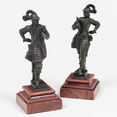 Pair of Continental Bronze Military Figures on Marble Plinth Bases