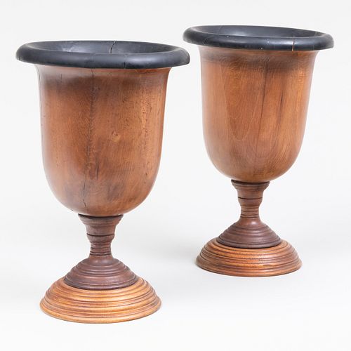 Pair of Neoclassical Style Stained and Painted Turned Wood Urns