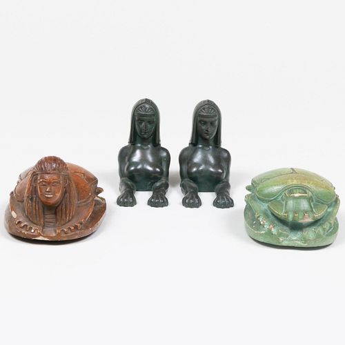 Pair of Patinated-Metal Sphynx Form Fittings and Two Painted Plaster Scarabs