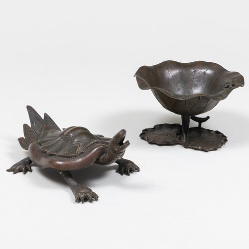Chinese Bronze Model of a Turtle and a Lotus Form Bowl