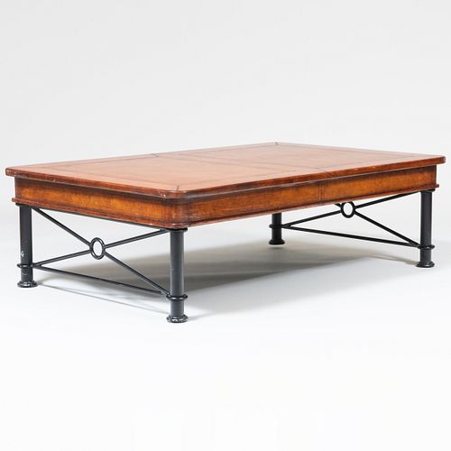 Neoclassical Style Black Painted Metal and Brown Leather Lined Low Table