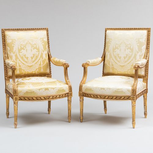 Pair of Louis XVI Style Giltwood Fauteuils à la Reine