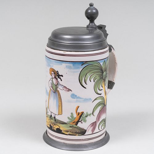 Continental Pewter and Polychrome Faïence Tankard
