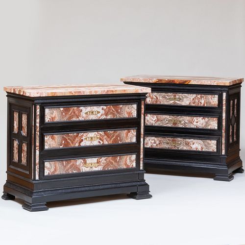 Pair of Modern Ebonized and Marble Veneered Commodes