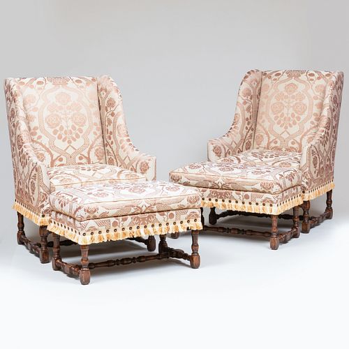 Pair of Damask Upholstered Wing Back Armchairs and Matching Ottomans