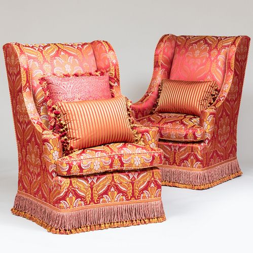 Pair of Damask Upholstered Wing Back Armchairs together with Three Pillows 