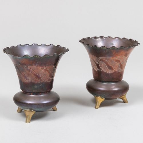 Pair of Copper and Brass Three-Footed Pots, In the Manner of Christopher Dresser