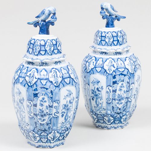 Pair of Dutch Blue and White Delft Vases and Covers