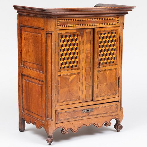 Miniature French Provincial Fruitwood and Ebony Parquetry Armoire