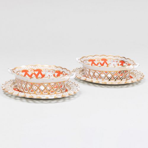 Pair of English Porcelain Baskets and Underplates in the ‘Money Tree’ Pattern