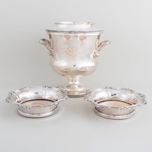 English Silver Plate Wine Cooler and a Pair of Bottle Coasters