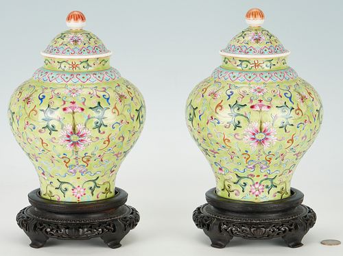 Pair of Chinese Lime Green Ground Famille Rose Jars
