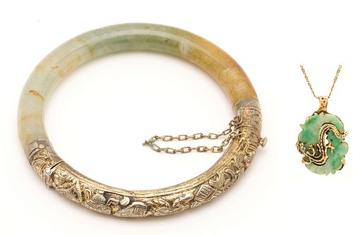 14K Gold Jade Pendant & Silver Plate Jade Bangle