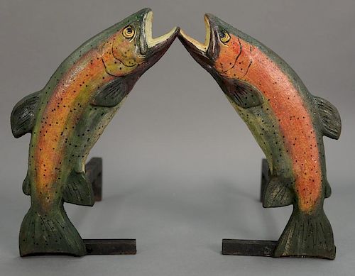 Pair of cast iron fish andirons with nicely painted bodies, marked on back: Liberty Foy F2. , ht. 15in.
