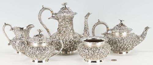 5-Piece Baltimore Repousse Sterling Silver Tea Set, c. 1900