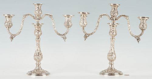Pair of Tall Kirk Repousse Sterling Convertible Candelabra, Hand Decorated