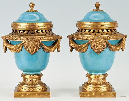 Pr. Sevres Style Blue Potpourri Urns, Neoclassical Bronze Mounts