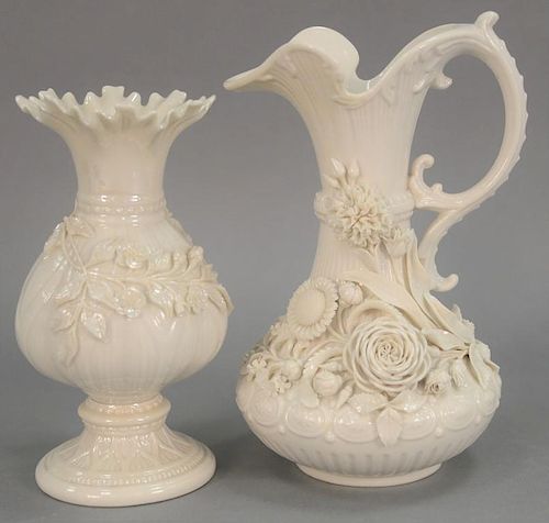 Two Belleek vases including Belleek Aberdeen vase with applied floral decoration and an Irish vase with applied flowers, both