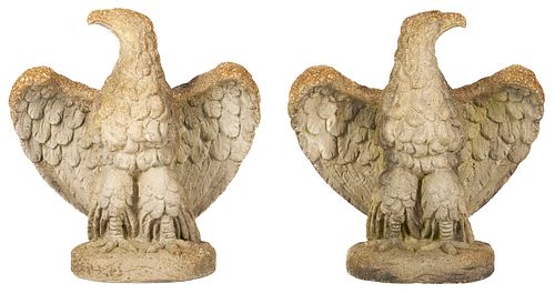 Pair Cast Stone Garden Eagle Sculptures