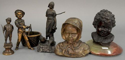 Five small bronzes including two bronze busts, a young hiking boy, boy with a basket, and a peasant girl with two geese. hts.