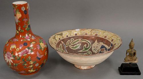 Three piece group to include Archaic Asian figure, porcelain globular vase with seal mark on bottom, and a red clay bowl pain