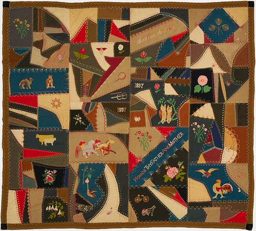 Crazy Quilt Dated 1897, Embroidered Animals & Flowers
