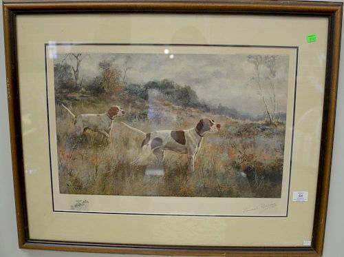 After Percival Leonard Rosseau (1859-1937) colored lithograph published by Arthur Ackermann & Son, two pointers in a field wi