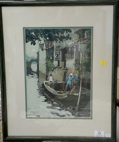 Mixed media Asian canal scene signed lower left. sight size 13 3/4" x 9 1/2"