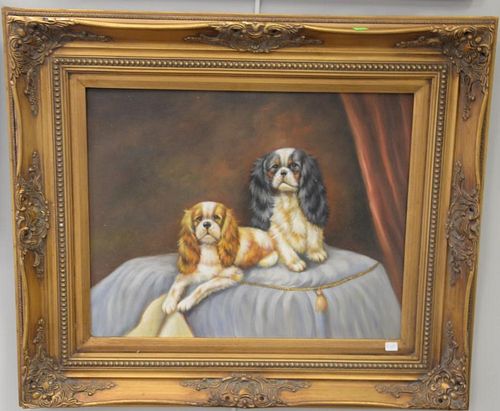 Contemporary oil on canvas still life with two dogs. 16" x 19"