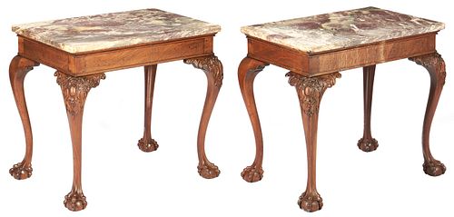 Near Pair Chippendale Style Mahogany and Marble Console Tables