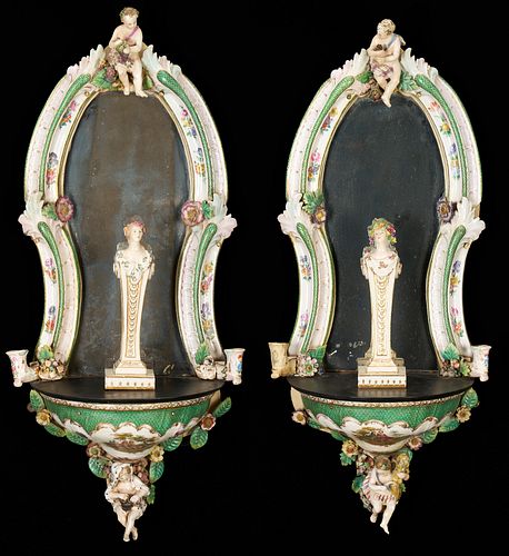 Pair Continental Figural Porcelain Wall Brackets and Caryatid Figures