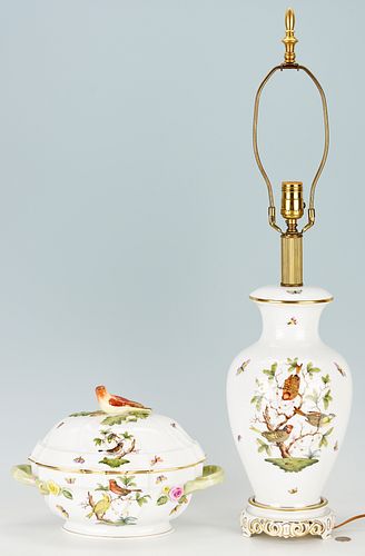 2 Herend Rothschild Bird Porcelain Items, Oval Tureen & Lamp