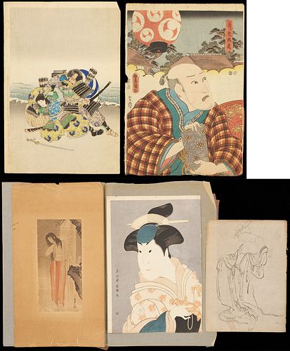 5 Japanese Prints incl. Hokusai, Sharaku, Kunisada & Chikanobu