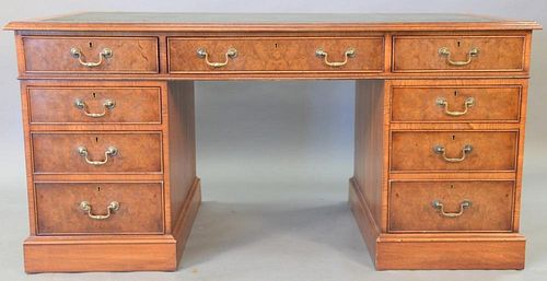 George IV style leather top desk in three parts with burlwood drawer fronts. ht. 31in., top: 30" x 62"
