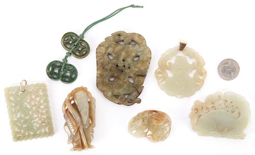 8 Chinese Carved Jadeite Plaques, Figures and Pendants
