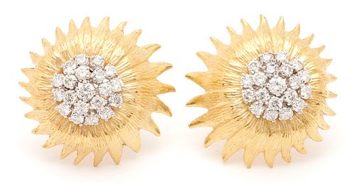 Pair of 14K Gold & Diamond Sunflower Earrings