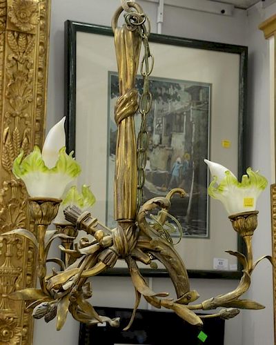 Two piece lot including French style three light chandelier with heavy brass flower and leaf design and green and clear frost