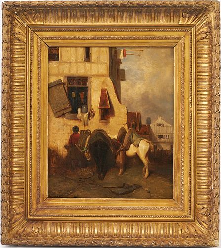 French School 19th C. Painting, Village with Figure and Horses