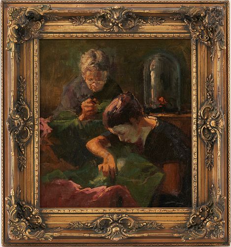 Karoly Kotasz O/C Genre Painting, Two Women Sewing