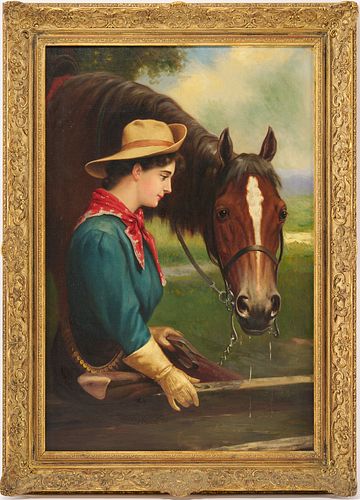 American School O/C Equestrian Painting, Cowgirl w/ Horse