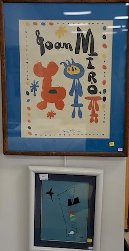 Four framed pieces to include three Joan Miro prints and a mixed media by Tang Pak Lee "Treasure". sight sizes 11" x 8" to 23