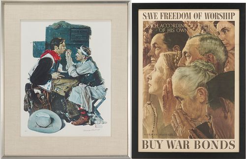 2 Norman Rockwell Prints: The Texan, Signed Lithograph, & Freedom of Worship Poster