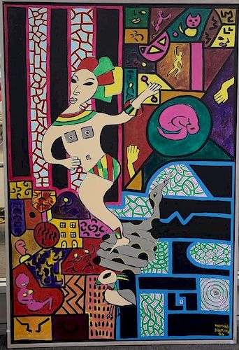 Manuela Dikoume (b. 1956) oil on canvas geometric abstraction of woman standing on a snake signed lower right Manuela Dikoume