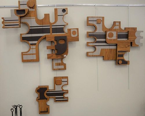 Three part Mid-Century carved oak paint wall puzzle, initialed P3 7'3. pieces measure 26" x 23", 48" x 51", and 34" x 40".