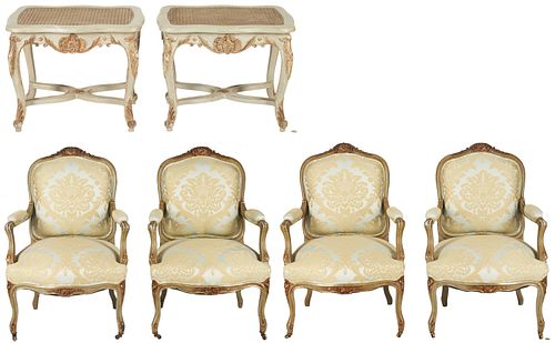4 French Louis XV Style Fauteuils w/ 2 Venetian Stools, 6 items