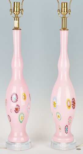 Pair of Mid-Century Pink Millefiori Murano Glass Table Lamps