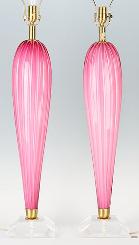 Pr. Mid-Century Balboa Pink Murano Glass Table Lamps, Original Labels