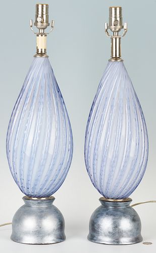 Pr. Mid-Century Blue Murano Glass Table Lamps